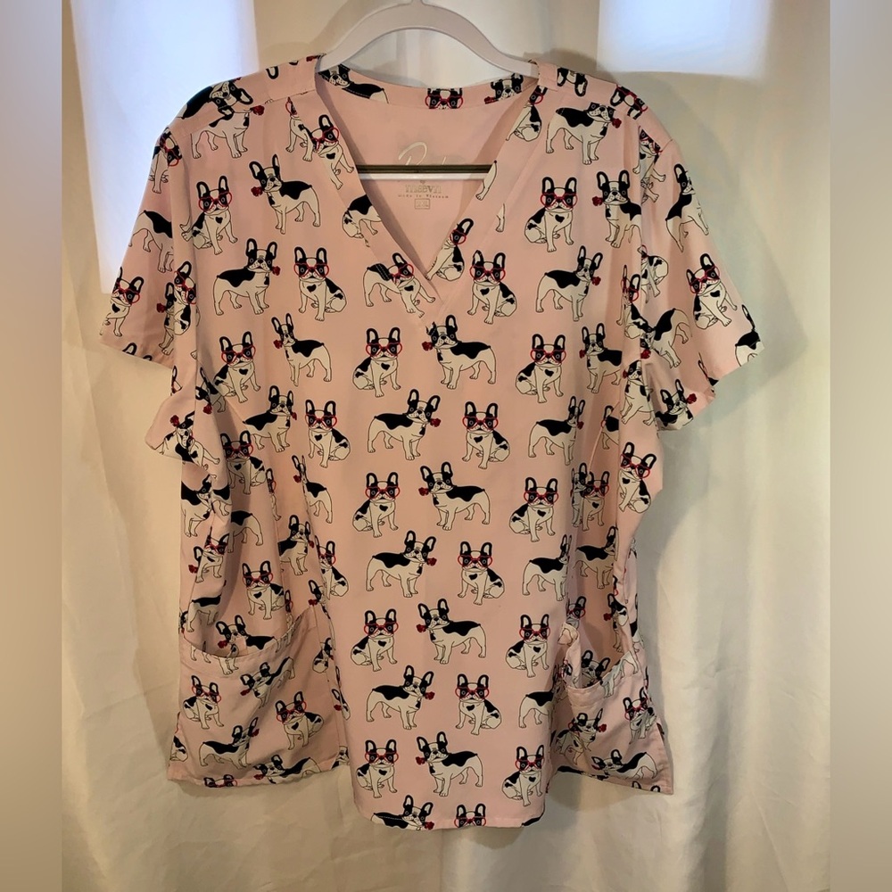 Nursing Scrub Top 2XL Pink French Bulldog Print by Maevn Heart Shaped Glasses